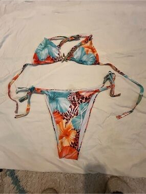 SHEIN Tropical Floral Tie-Side Bikini in Teal, Orange, Yellow